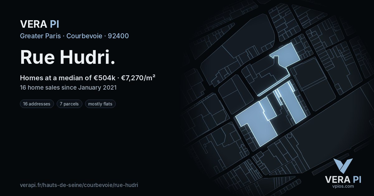 Rue Hudri, Courbevoie at night – every parcel coloured by the prices around it, the street's own parcels lit