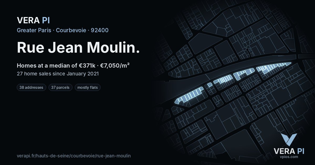 Rue Jean Moulin, Courbevoie at night – every parcel coloured by the prices around it, the street's own parcels lit