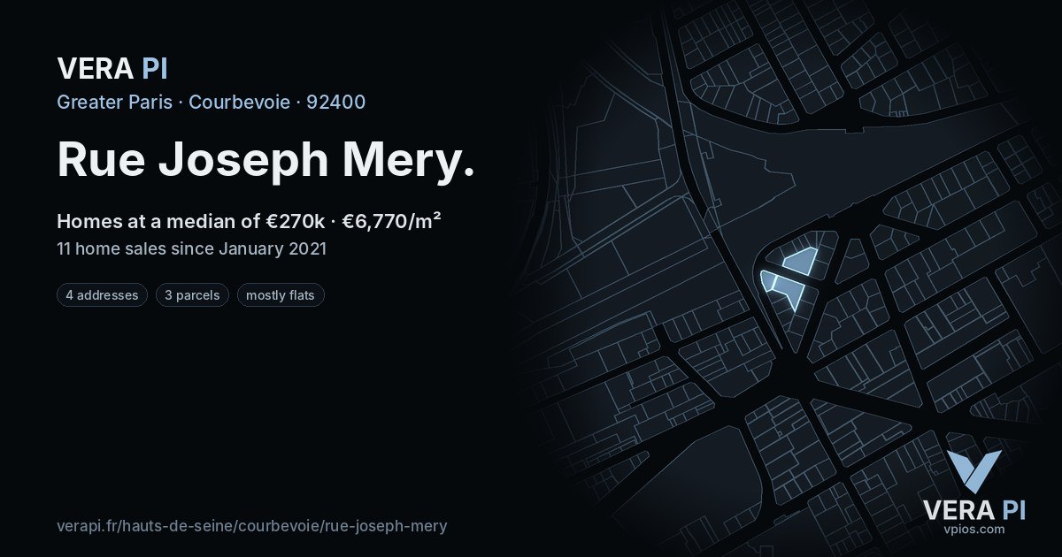Rue Joseph Mery, Courbevoie at night – every parcel coloured by the prices around it, the street's own parcels lit