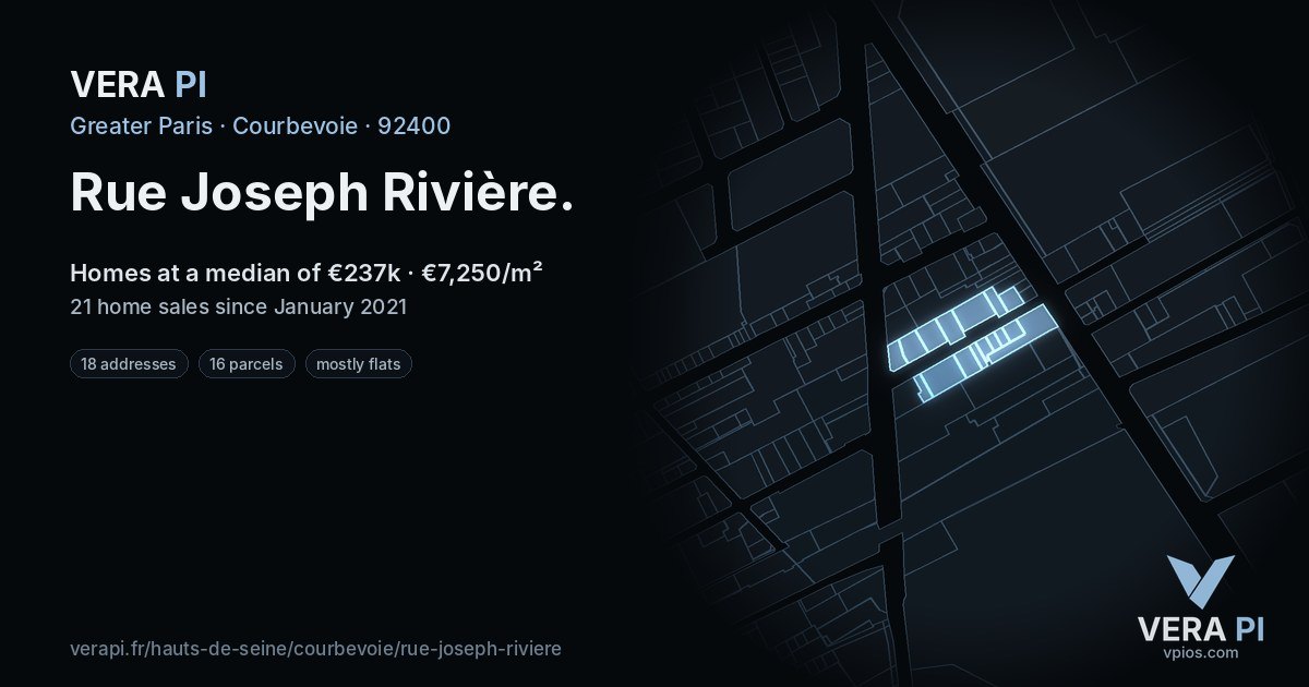 Rue Joseph Rivière, Courbevoie at night – every parcel coloured by the prices around it, the street's own parcels lit