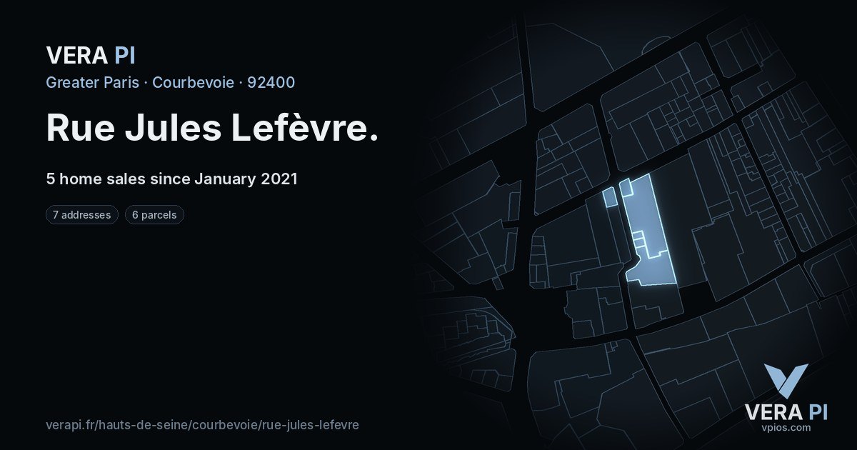 Rue Jules Lefèvre, Courbevoie at night – every parcel coloured by the prices around it, the street's own parcels lit