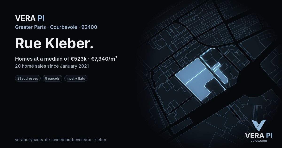Rue Kleber, Courbevoie at night – every parcel coloured by the prices around it, the street's own parcels lit