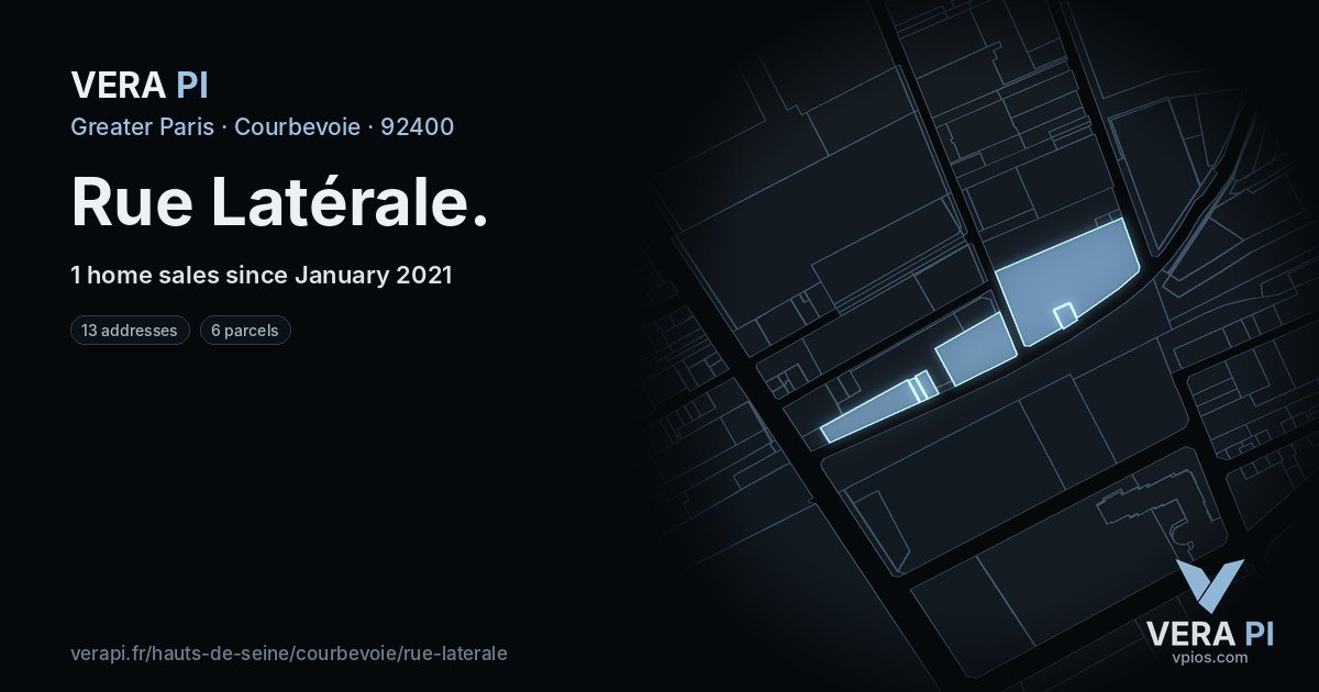 Rue Latérale, Courbevoie at night – every parcel coloured by the prices around it, the street's own parcels lit