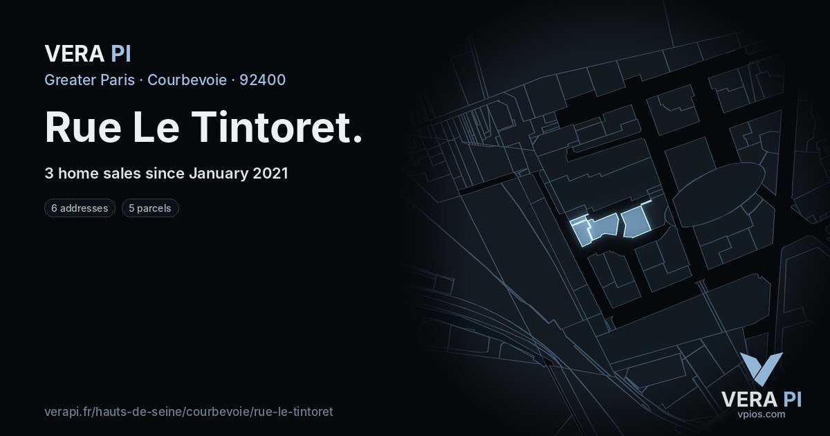 Rue Le Tintoret, Courbevoie at night – every parcel coloured by the prices around it, the street's own parcels lit