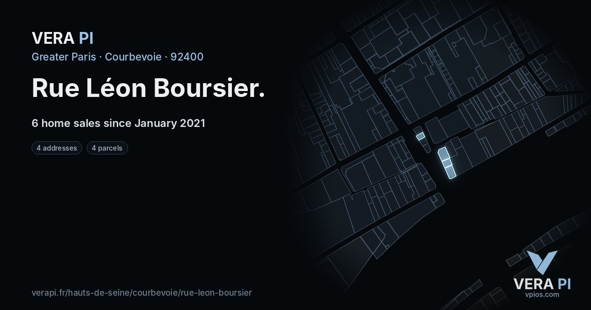 Rue Léon Boursier, Courbevoie at night – every parcel coloured by the prices around it, the street's own parcels lit