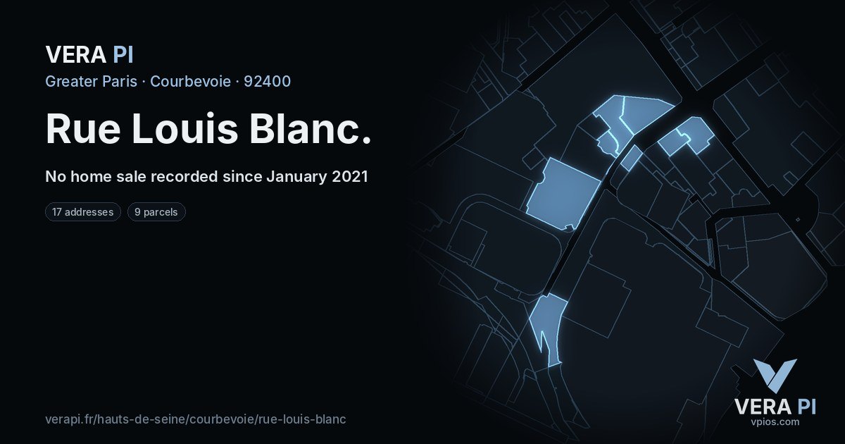Rue Louis Blanc, Courbevoie at night – every parcel coloured by the prices around it, the street's own parcels lit