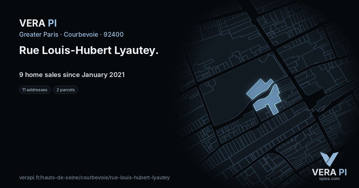 Rue Louis-Hubert Lyautey, Courbevoie at night – every parcel coloured by the prices around it, the street's own parcels lit