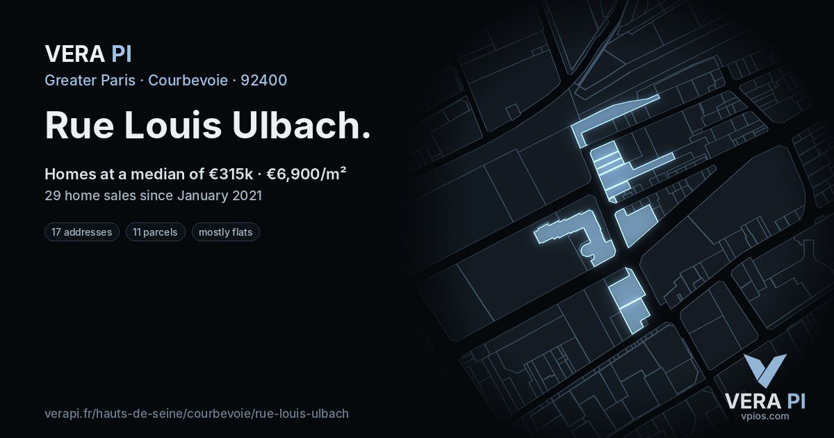 Rue Louis Ulbach, Courbevoie at night – every parcel coloured by the prices around it, the street's own parcels lit