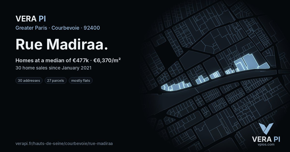 Rue Madiraa, Courbevoie at night – every parcel coloured by the prices around it, the street's own parcels lit