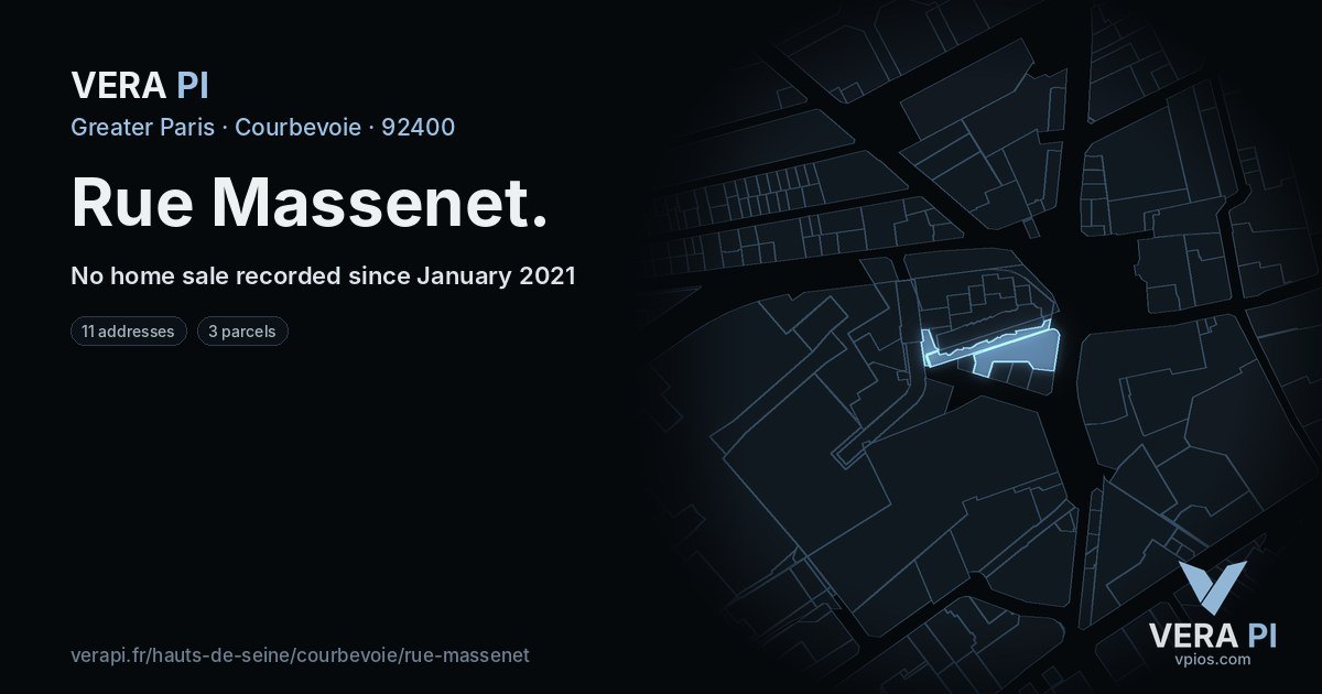 Rue Massenet, Courbevoie at night – every parcel coloured by the prices around it, the street's own parcels lit