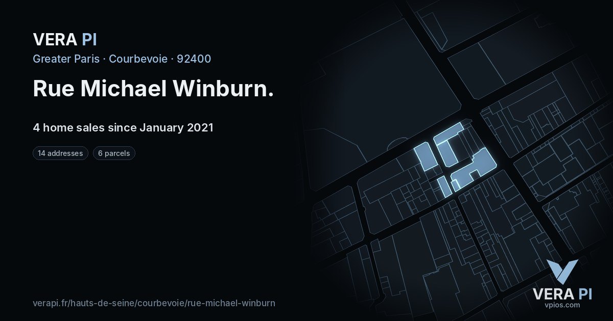 Rue Michael Winburn, Courbevoie at night – every parcel coloured by the prices around it, the street's own parcels lit