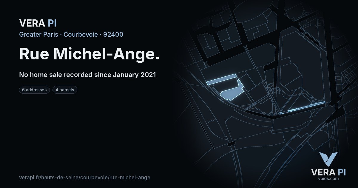 Rue Michel-Ange, Courbevoie at night – every parcel coloured by the prices around it, the street's own parcels lit