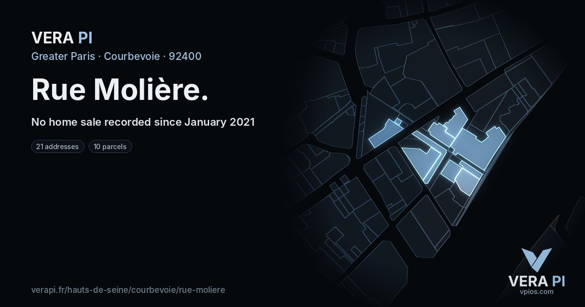 Rue Molière, Courbevoie at night – every parcel coloured by the prices around it, the street's own parcels lit