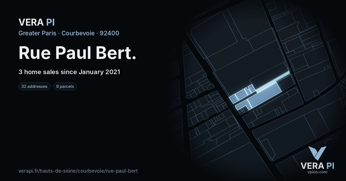 Rue Paul Bert, Courbevoie at night – every parcel coloured by the prices around it, the street's own parcels lit