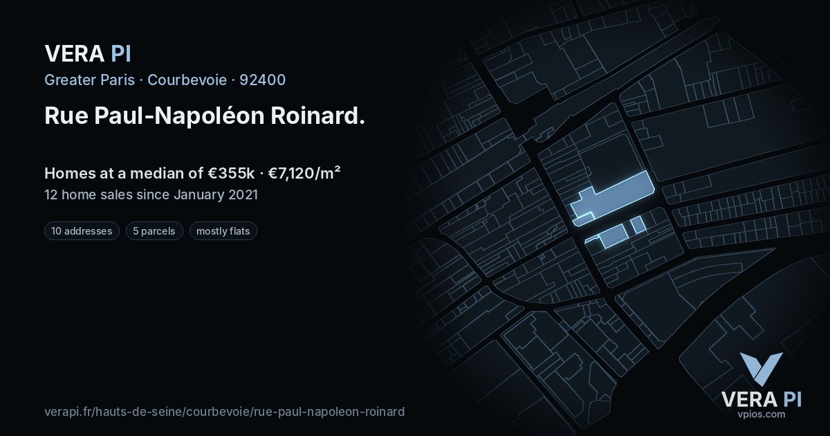Rue Paul-Napoléon Roinard, Courbevoie at night – every parcel coloured by the prices around it, the street's own parcels lit