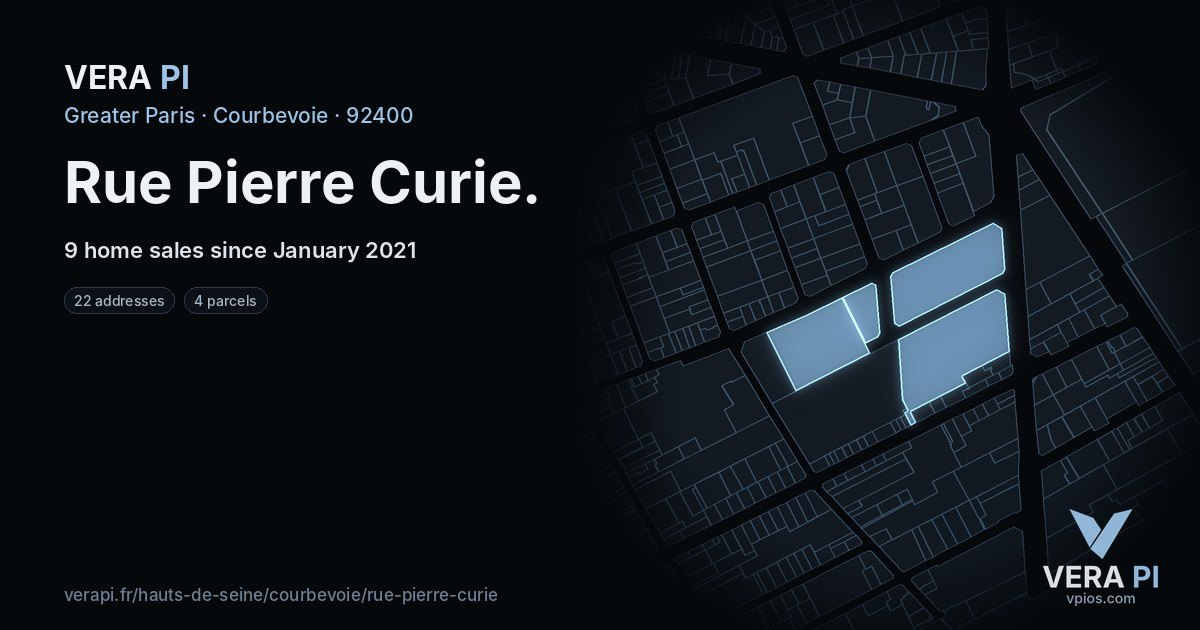 Rue Pierre Curie, Courbevoie at night – every parcel coloured by the prices around it, the street's own parcels lit