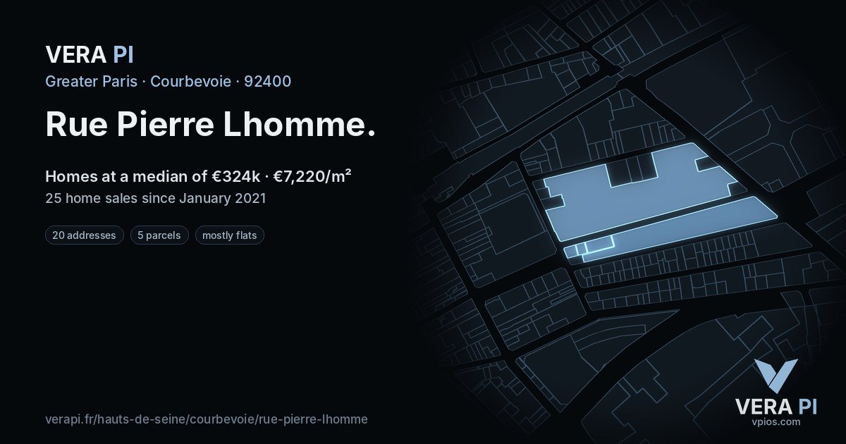 Rue Pierre Lhomme, Courbevoie at night – every parcel coloured by the prices around it, the street's own parcels lit