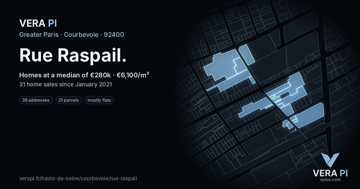 Rue Raspail, Courbevoie at night – every parcel coloured by the prices around it, the street's own parcels lit