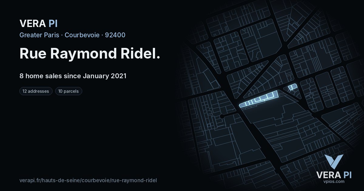 Rue Raymond Ridel, Courbevoie at night – every parcel coloured by the prices around it, the street's own parcels lit