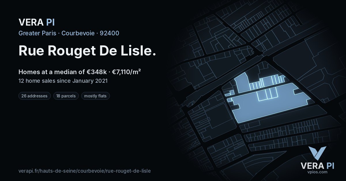 Rue Rouget De Lisle, Courbevoie at night – every parcel coloured by the prices around it, the street's own parcels lit