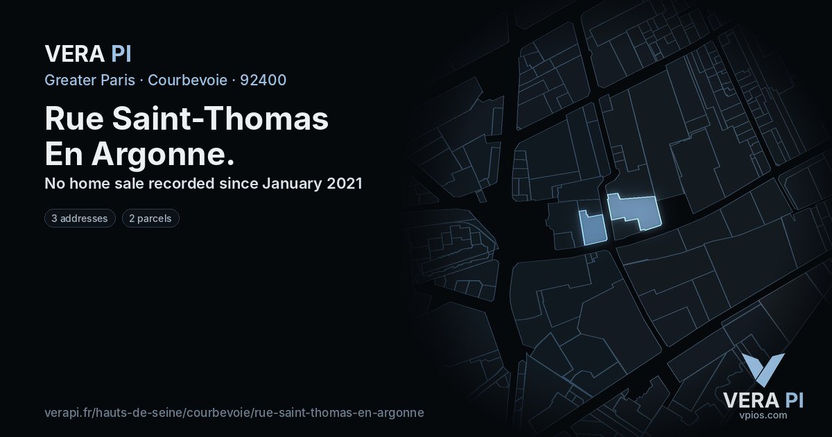 Rue Saint-Thomas En Argonne, Courbevoie at night – every parcel coloured by the prices around it, the street's own parcels lit