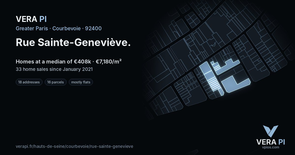 Rue Sainte-Geneviève, Courbevoie at night – every parcel coloured by the prices around it, the street's own parcels lit