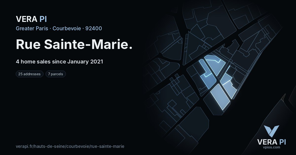 Rue Sainte-Marie, Courbevoie at night – every parcel coloured by the prices around it, the street's own parcels lit
