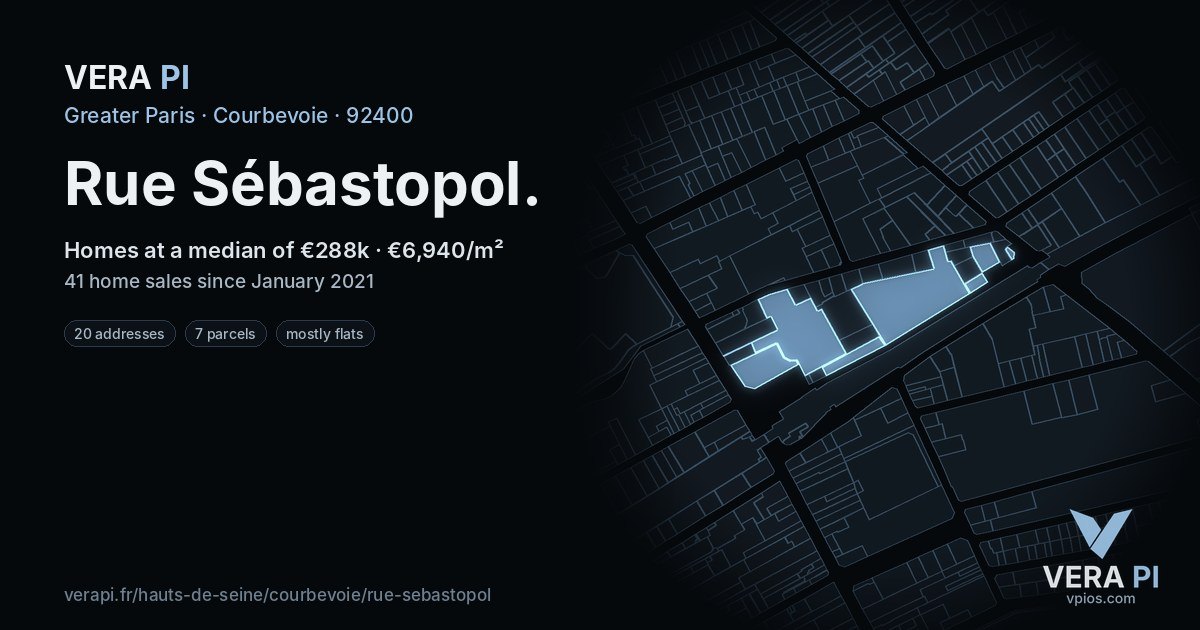 Rue Sébastopol, Courbevoie at night – every parcel coloured by the prices around it, the street's own parcels lit