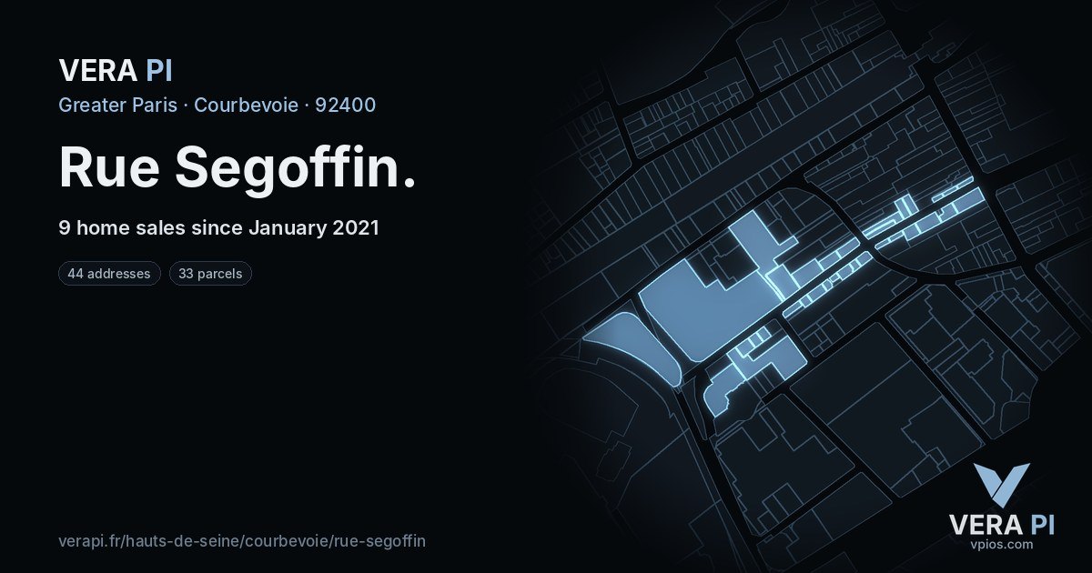 Rue Segoffin, Courbevoie at night – every parcel coloured by the prices around it, the street's own parcels lit