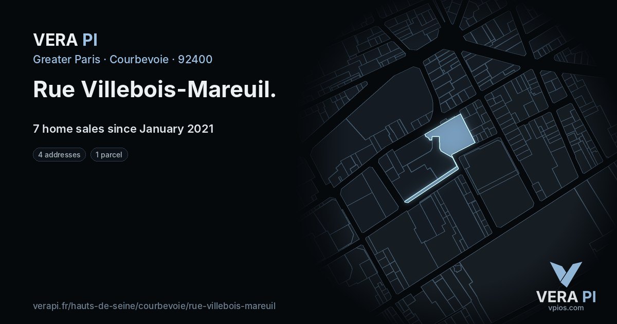 Rue Villebois-Mareuil, Courbevoie at night – every parcel coloured by the prices around it, the street's own parcels lit