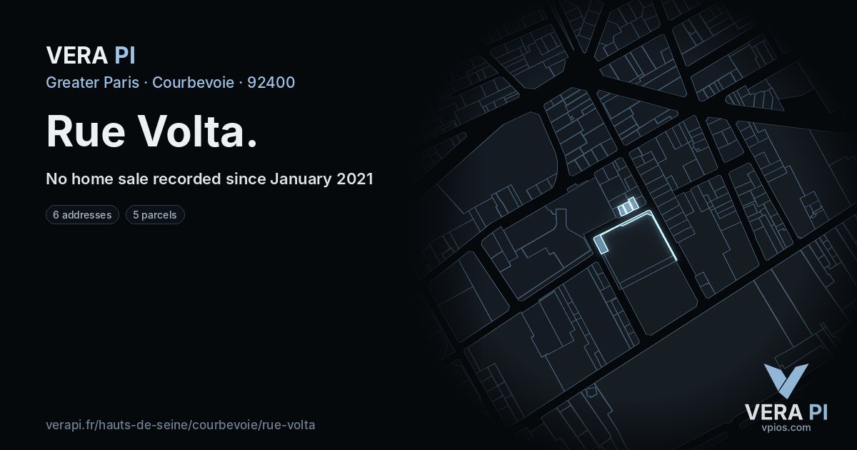 Rue Volta, Courbevoie at night – every parcel coloured by the prices around it, the street's own parcels lit