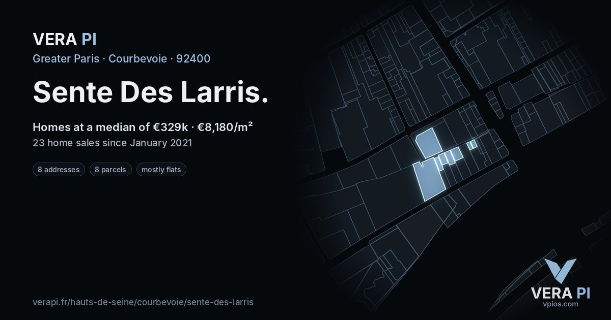 Sente Des Larris, Courbevoie at night – every parcel coloured by the prices around it, the street's own parcels lit