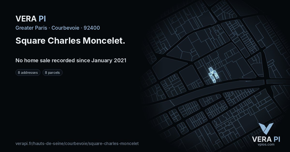 Square Charles Moncelet, Courbevoie at night – every parcel coloured by the prices around it, the street's own parcels lit