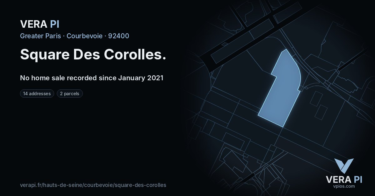 Square Des Corolles, Courbevoie at night – every parcel coloured by the prices around it, the street's own parcels lit