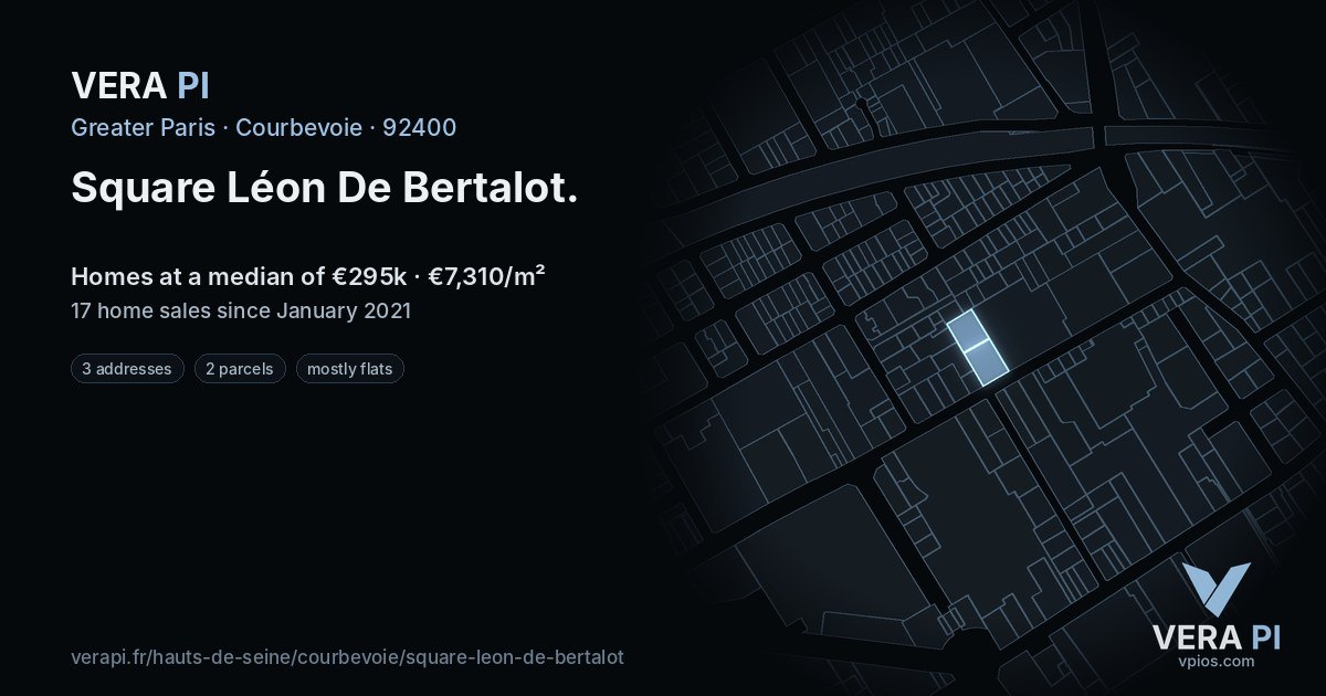 Square Léon De Bertalot, Courbevoie at night – every parcel coloured by the prices around it, the street's own parcels lit