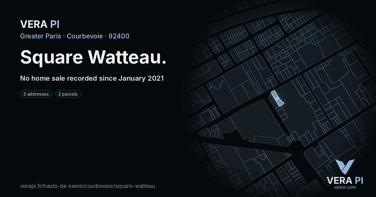Square Watteau, Courbevoie at night – every parcel coloured by the prices around it, the street's own parcels lit