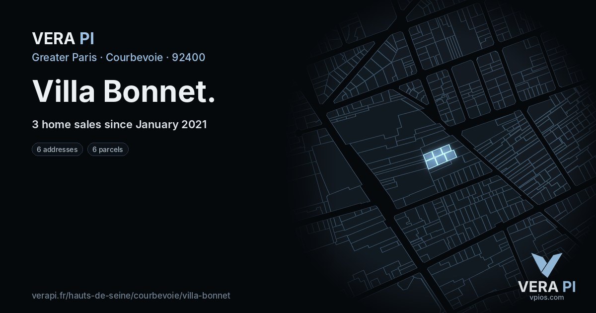 Villa Bonnet, Courbevoie at night – every parcel coloured by the prices around it, the street's own parcels lit