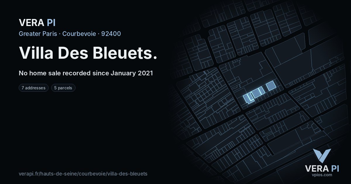 Villa Des Bleuets, Courbevoie at night – every parcel coloured by the prices around it, the street's own parcels lit