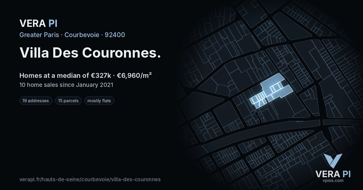 Villa Des Couronnes, Courbevoie at night – every parcel coloured by the prices around it, the street's own parcels lit