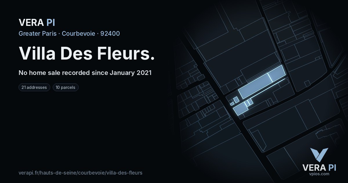 Villa Des Fleurs, Courbevoie at night – every parcel coloured by the prices around it, the street's own parcels lit