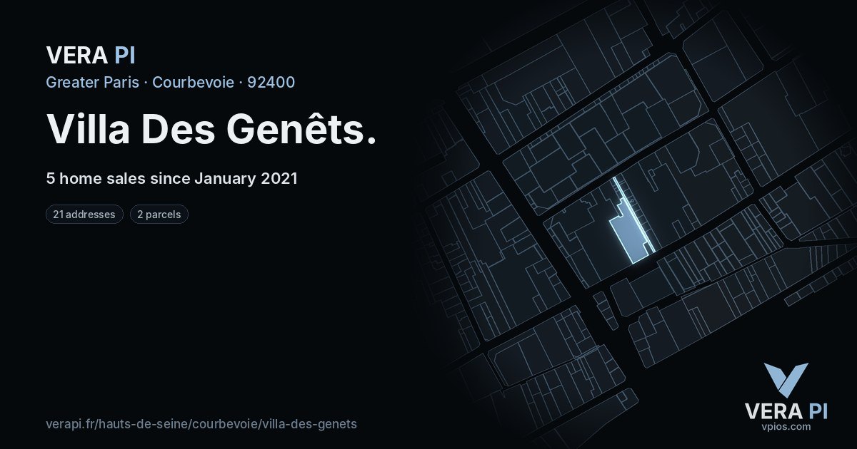 Villa Des Genêts, Courbevoie at night – every parcel coloured by the prices around it, the street's own parcels lit