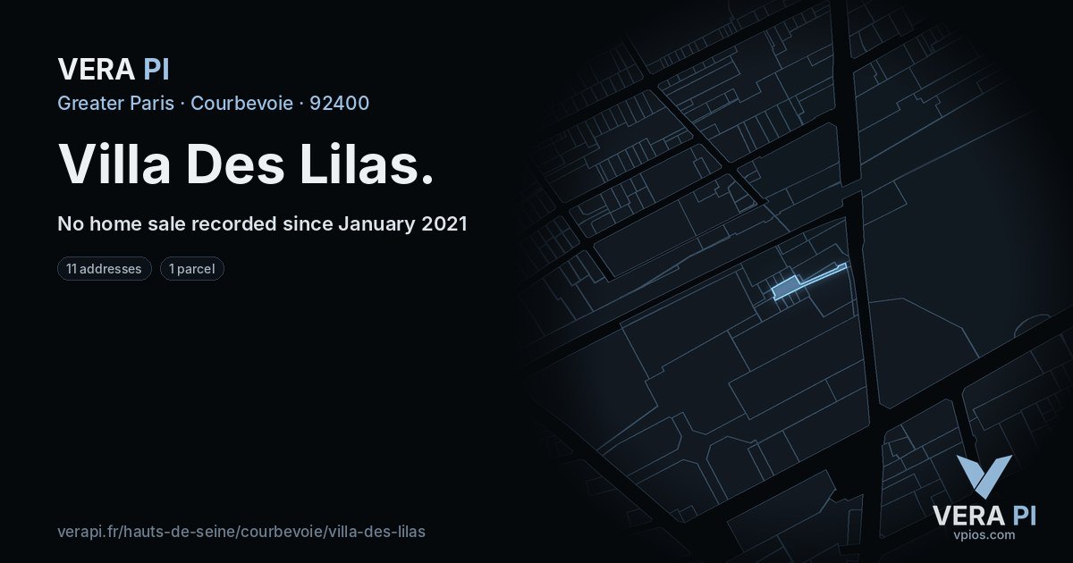 Villa Des Lilas, Courbevoie at night – every parcel coloured by the prices around it, the street's own parcels lit