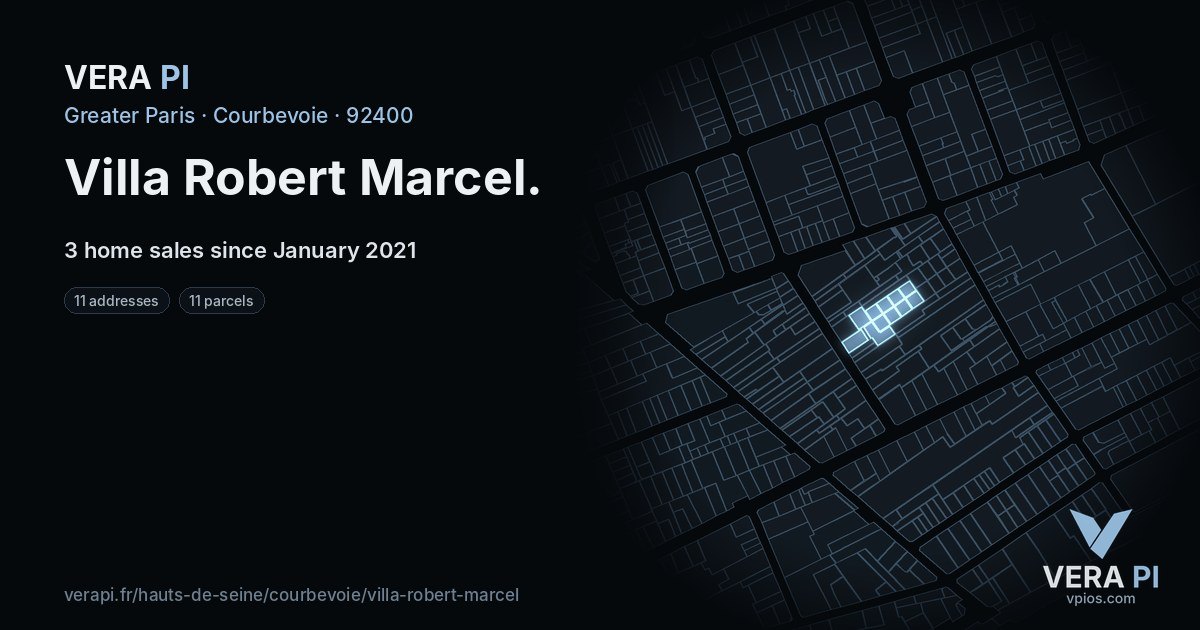 Villa Robert Marcel, Courbevoie at night – every parcel coloured by the prices around it, the street's own parcels lit