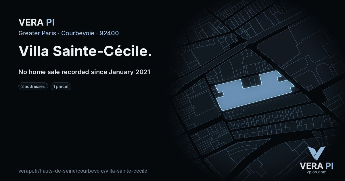 Villa Sainte-Cécile, Courbevoie at night – every parcel coloured by the prices around it, the street's own parcels lit