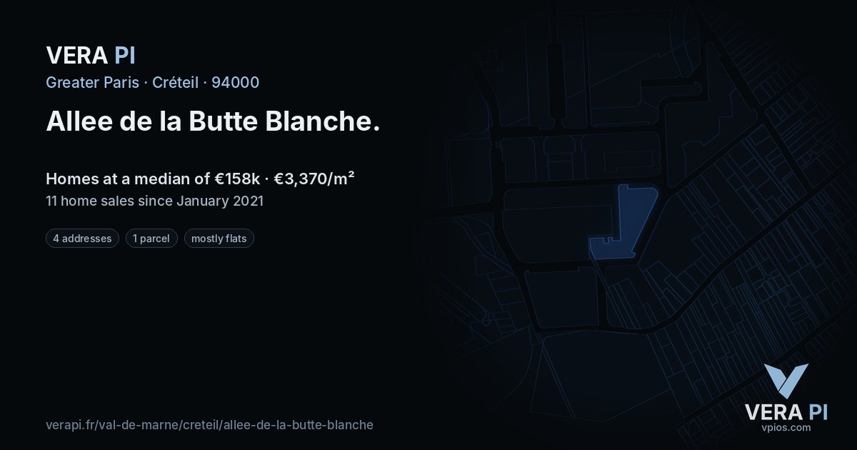 Allee de la Butte Blanche, Créteil at night – every parcel coloured by the prices around it, the street's own parcels lit