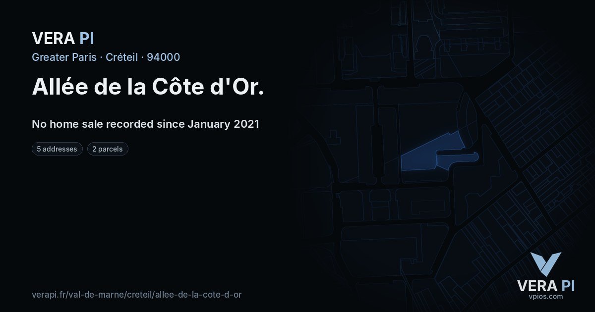 Allée de la Côte d'Or, Créteil at night – every parcel coloured by the prices around it, the street's own parcels lit