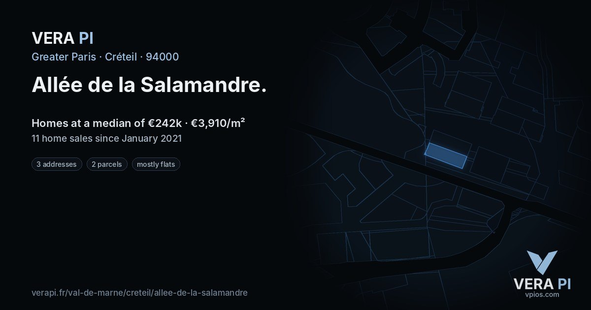 Allée de la Salamandre, Créteil at night – every parcel coloured by the prices around it, the street's own parcels lit