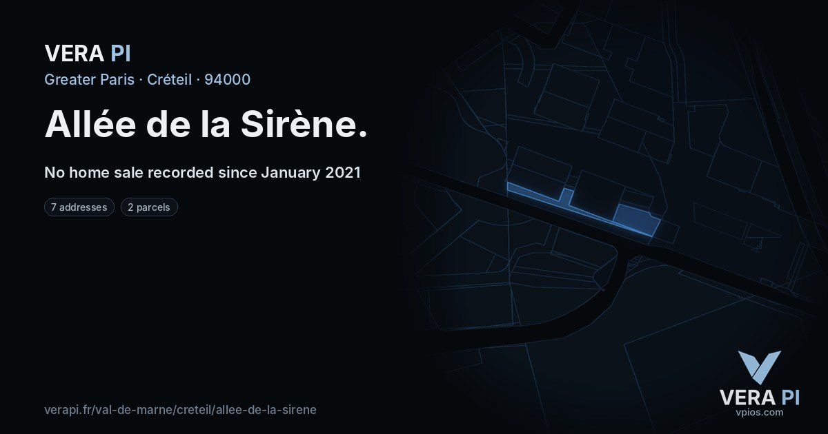Allée de la Sirène, Créteil at night – every parcel coloured by the prices around it, the street's own parcels lit