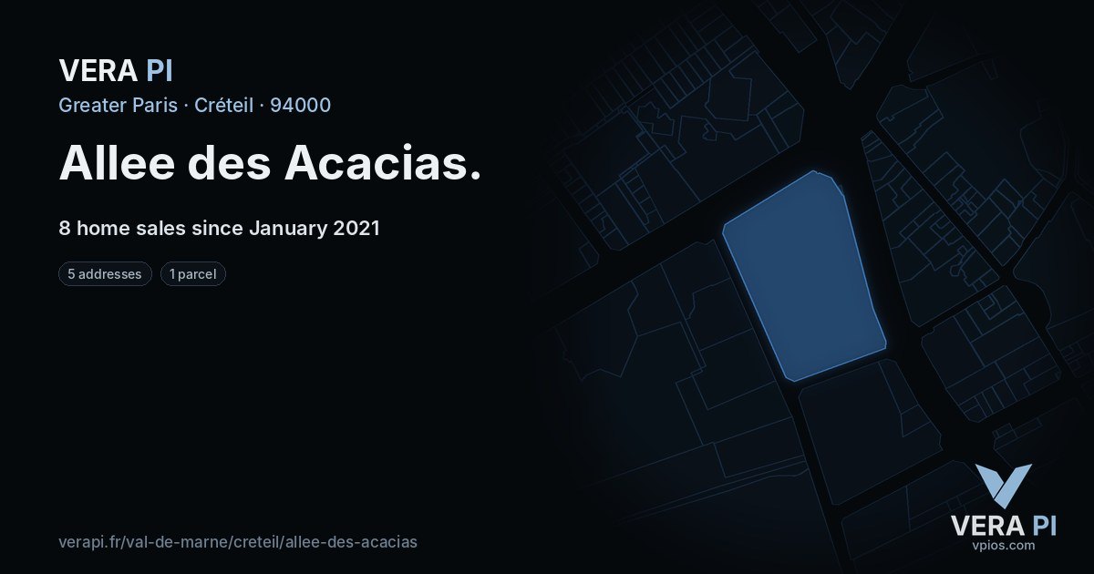 Allee des Acacias, Créteil at night – every parcel coloured by the prices around it, the street's own parcels lit