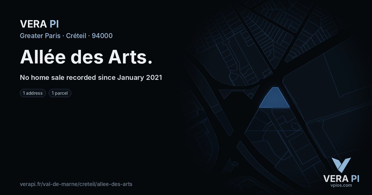 Allée des Arts, Créteil at night – every parcel coloured by the prices around it, the street's own parcels lit